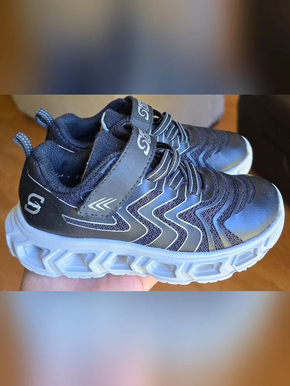 Sz 10 Toddler Kids S SPORT BY SKECHERS JARROD LIGHT-UP Black Bungee Lace/Adj Str